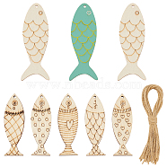 ANATTASOUL 2Sets 2 Styles Diy Wood Fish Pendants with Hemp Rope, Mixed Color, 49.5~100x16~36x2~2.5mm, Hole: 1.6~3mm, 1set/style(DIY-AN0001-21)