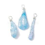 Electroplated Natural Quartz Crystal Dyed Pendants, Teardrop Charms with Silver Color Plated Copper Wire Loops, Light Sky Blue, 30~38x9.5~15x7~11mm, Hole: 4mm(PALLOY-JF02324-04)