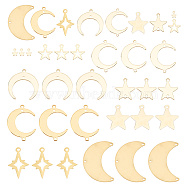36pcs 9 styles Brass Connector Charms and Pendants Sets, Long-Lasting Plated, Moon & Star, Mixed Color, 5~30x4~32x0.3~1mm, Hole: 0.5~1.6mm, 4pcs/style(KK-AR0003-15)