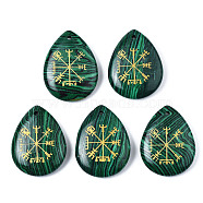 Synthetic Malachite Pendants, Teardrop with Nordic Pagan Pattern, 32~33.5x25~26x6.5~7.5mm, Hole: 2mm, 6pcs/bag(G-T122-72G)