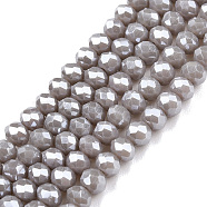 Electroplate Glass Beads Strands, Pearl Luster Plated, Faceted, Rondelle, Dark Gray, 3.5~3.8x3mm, Hole: 0.4mm, about 113~115pcs/strand, 32.5~33cm(EGLA-A044-P3mm-A10)