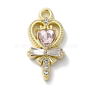 Rack Plating Alloy Pendants, with Rhinestone, Cadmium Free & Nickel Free & Lead Free, Heart, Pink, 20x10x3mm, Hole: 1.6mm(FIND-I039-008G-02)