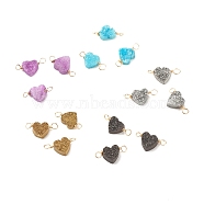Natural Druzy Agate Connector Charms, with Golden Tone Copper Wire, Dyed, Heart, Mixed Color, 18~20x9~10x4~5mm, Hole: 3mm(PALLOY-JF01363)
