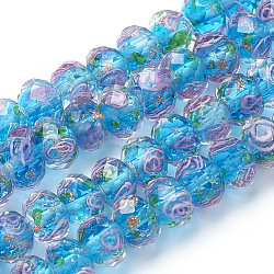 Handmade Gold Sand Lampwork Beads Strands, Inner Flower, Faceted Rondelle, Dodger Blue, 11~12x8~9mm, Hole: 1.6~2mm, about 45pcs/strand, 17.3 inch(LAMP-R141-12mm-04)