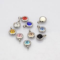 Trendy Original Color 304 Stainless Steel Faceted Grade A Rhinestone Flat Round Charms Pendants, Birthstone Charms, Stainless Steel Color, Mixed Color, 9x6.5x4mm, Hole: 2mm(RB-N030-01)