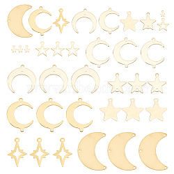 36pcs 9 styles Brass Connector Charms and Pendants Sets, Long-Lasting Plated, Moon & Star, Mixed Color, 5~30x4~32x0.3~1mm, Hole: 0.5~1.6mm, 4pcs/style(KK-AR0003-15)