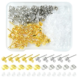 40Pcs 2 Color Iron Ball Stud Earring Post, Earring Findings, with Horizontal Loops, with 140Pcs Iron & Stainless Steel & Plastic Ear Nuts, Platinum & Golden, 15x4mm, Hole: 1mm, Pin: 0.8mm, 20Pcs/color(IFIN-FS0001-25)