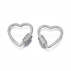 Brass Micro Pave Clear Cubic Zirconia Screw Carabiner Lock Charms, for Keychain Making, Heart, Platinum, 24x23~24x6mm, Column: 8x6mm(ZIRC-T004-99P)