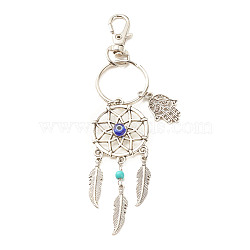 Tibetan Style Alloy Pendant Keychain, with Synthetic Turquoise Beads & Handmade Evil Eye Lampwork Beads and Alloy & Iron Findings, Woven Net/Web with Feather & Hamsa Hand, Antique Silver & Platinum, 12.7cm(KEYC-JKC00316)