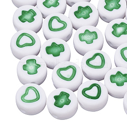 White Craft Acrylic Beads, Flat Round with Green Heart & Leaf Pattern, 7x3.5mm, Hole: 1.2mm, about 1480pcs/200g(MACR-SZ0001-38)