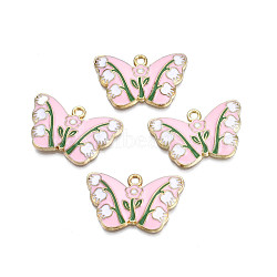 Alloy Enamel Pendants, Cadmium Free & Nickel Free & Lead Free, Light Gold, Butterfly with Tulip, Pink, 17.5x28x2.5mm, Hole: 1.8mm(ENAM-N055-112C)