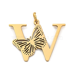 Ion Plating(IP) 201 Stainless Steel Pendants, Letter with Butterfly Charms, Golden, Letter W, 27x35x1.5mm, Ring: 7x1mm, Hole: 5mm(STAS-N103-184G-W)