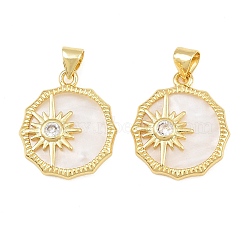 Brass Micro Pave Clear Cubic Zirconia with White Shell Pendants, Flat Round with Sun Charms, Real 16K Gold Plated, 20.5x18x3mm, Hole: 5x3mm(CU-CBA9482-02G-05)
