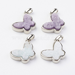 Electroplated Natural Druzy Quartz Pendants, with Brass Findings, Butterfly, Platinum, Mixed Color, 14.5x18x4~5mm, Hole: 2x3mm(G-G737-11-P)