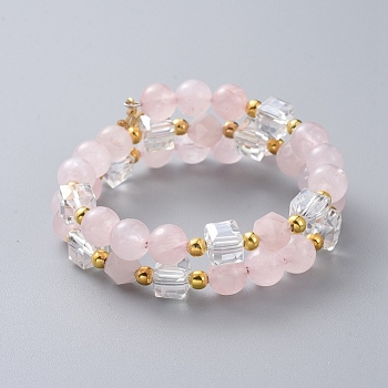 Two Loops Fashion Wrap Bracelets, with Natural Rose Quartz Beads, Cube Glass Beads, Lotus Flower 304 Stainless Steel Charms and Iron Spacer Beads, 2 inch(5cm)