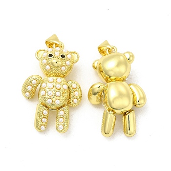 Brass Pendants, with ABS Imitation Pearl, Bear Charm, Golden, 30x18x9.5mm, Hole: 5x3mm