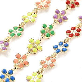 Brass with Colorful Enamel Flower Link Chains, with Spool, Unwelded, Real 18K Gold Plated, 9.5x5.5x1mm, about 16.40 Feet(5m)/Roll
