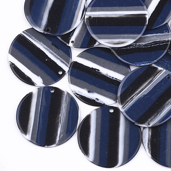 Resin Pendants, Flat Round, Stripe Pattern, Black, 34.5x1.5mm, Hole: 1.8mm