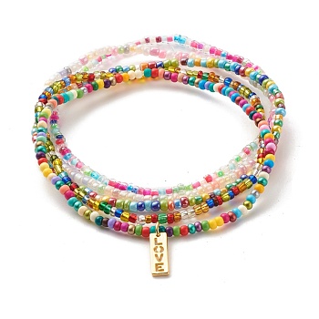 Baking Paint Glass Seed Bead Anklets, Opaque Colours Luster of, Silver Lined Round Hole of, Ceylon of, Transparent Inside Colours of Beads, Brass Pendants, with Jump Ring, Rectangle with Word LOVE, Mixed Color, 1/8 inch(0.3cm), Inner Diameter: 2-7/8 inch(7.2cm)
