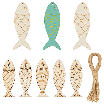 ANATTASOUL 2Sets 2 Styles Diy Wood Fish Pendants with Hemp Rope, Mixed Color, 49.5~100x16~36x2~2.5mm, Hole: 1.6~3mm, 1set/style