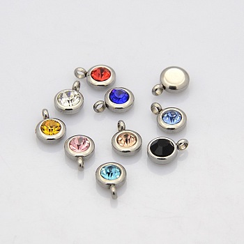Trendy Original Color 304 Stainless Steel Faceted Grade A Rhinestone Flat Round Charms Pendants, Birthstone Charms, Stainless Steel Color, Mixed Color, 9x6.5x4mm, Hole: 2mm