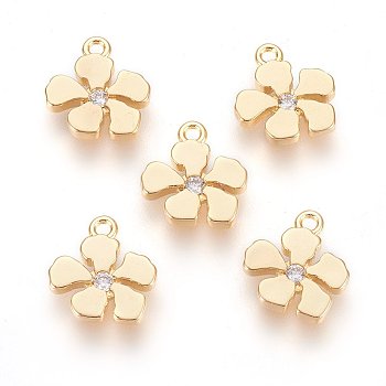 Brass Micro Pave Cubic Zirconia Charms, Flower, Clear, Real 18K Gold Plated, 10.5x9.5x1.5mm, Hole: 1mm