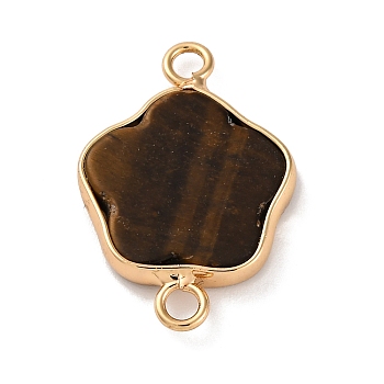 Natural Tiger Eye Flower Connector Charms, Brass 5 Petal Flower Links, Golden, 24.5x17x3.3mm, Hole: 2.4mm