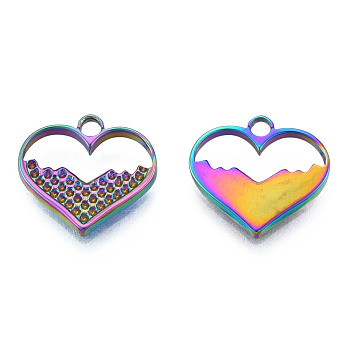 Rack Plating 304 Stainless Steel Pendant Rhinestone Settings, Heart, Rainbow Color, Fit For 0.9mm Rhinestone, 20x15.5x2mm, Hole: 2mm