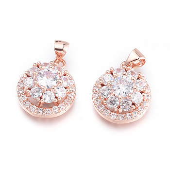 Brass Micro Pave Cubic Zirconia Pendants, Flat Round with Flower, Rose Gold, Clear, 17.5x14.5x8.5mm, Hole: 3.5x4.5mm