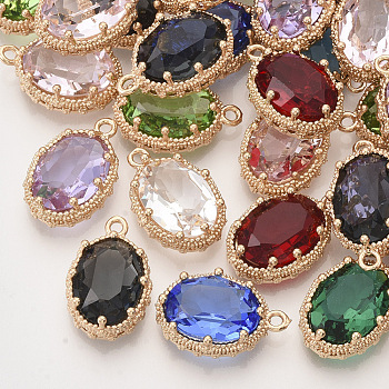 Faceted Glass Pendants, with Golden Tone Brass Open Back Settings, Oval, Mixed Color, 20x13.5x6.5mm, Hole: 1.5mm