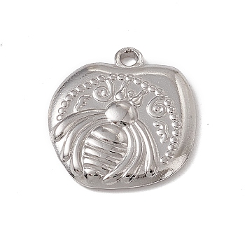 304 Stainless Steel Pendants, Flat Round with Bees Charm, Stainless Steel Color, 19x17.5x2.5mm, Hole: 1.8mm