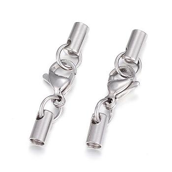 304 Stainless Steel Lobster Claw Clasps, with Cord Ends, Stainless Steel Color, 33mm, Inner diameter: 3.5mm