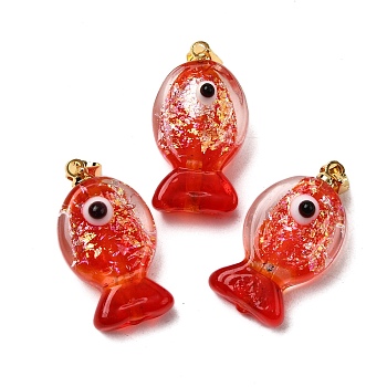 Handmade Dichroic Foil Lampwork Pendants, with Brass Findings, Fish Charm, Red, 22.5~23.5x12.5~13x8.5~9.5mm, Hole: 4.5x4mm