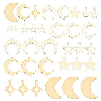 36pcs 9 styles Brass Connector Charms and Pendants Sets, Long-Lasting Plated, Moon & Star, Mixed Color, 5~30x4~32x0.3~1mm, Hole: 0.5~1.6mm, 4pcs/style