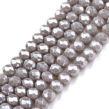 Electroplate Glass Beads Strands, Pearl Luster Plated, Faceted, Rondelle, Dark Gray, 3.5~3.8x3mm, Hole: 0.4mm, about 113~115pcs/strand, 32.5~33cm