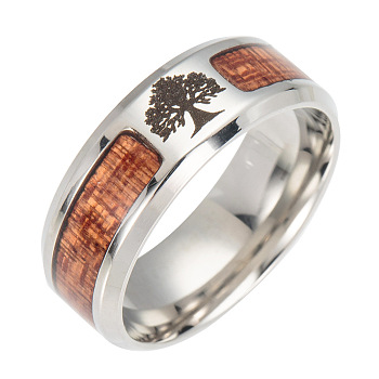 Stainless Steel Wide Band Finger Rings, with Acacia, Tree, Stainless Steel Color, US Size 6(16.5mm)