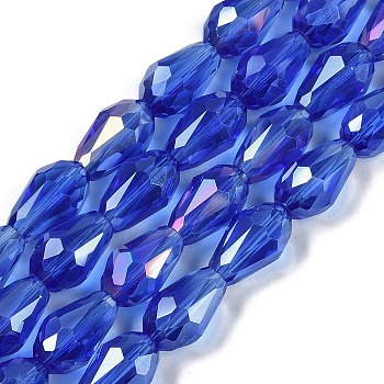 Transparent Electroplate Glass Beads Strands, AB Color Plated, Faceted, Teardrop, Blue, 8x6mm, Hole: 1.2mm, about 65~67pcs/strand, 20.08''(51cm)