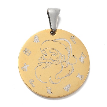 Christmas Ion Plating(IP) 304 Stainless Steel Pendants, Flat Round with Santa Claus Charms, Real 14K Gold Plated, 30x2mm, Hole: 8.5x3.5mm