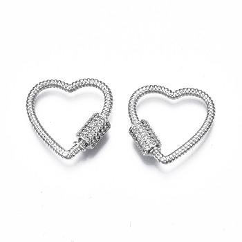 Brass Micro Pave Clear Cubic Zirconia Screw Carabiner Lock Charms, for Keychain Making, Heart, Platinum, 24x23~24x6mm, Column: 8x6mm