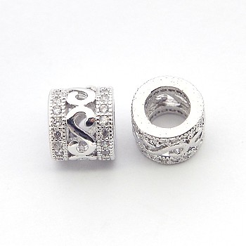 New Items Brass Micro Pave Cubic Zirconia Column Spacer Beads, Cadmium Free & Nickel Free & Lead Free, with Letter S, Real Platinum Plated, 7x8mm, Hole: 4.5mm
