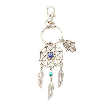 Tibetan Style Alloy Pendant Keychain, with Synthetic Turquoise Beads & Handmade Evil Eye Lampwork Beads and Alloy & Iron Findings, Woven Net/Web with Feather & Hamsa Hand, Antique Silver & Platinum, 12.7cm