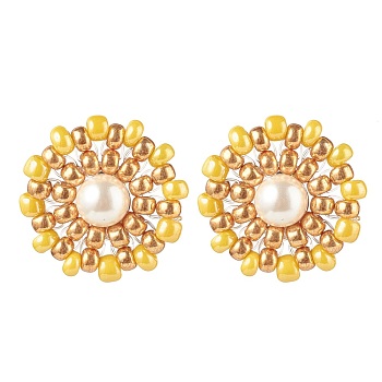 Shell Pearl & Glass Seed Braided Flower Stud Earrings, Golden 304 Stainless Steel Wire Wrap Jewelry for Women, Yellow, 19mm, Pin: 0.7mm