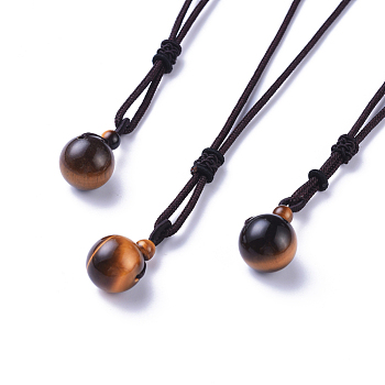 Natural Tiger Eye Pendant Necklaces, with Nylon Cord, Round, 27.55 inch(70cm)