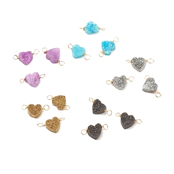 Natural Druzy Agate Connector Charms, with Golden Tone Copper Wire, Dyed, Heart, Mixed Color, 18~20x9~10x4~5mm, Hole: 3mm