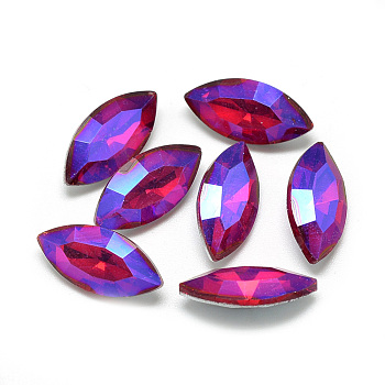 Pointed Back Glass Rhinestone Cabochons, Back Plated, Faceted, AB Color Plated, Horse Eye, Red, 15x7x4mm