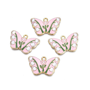 Alloy Enamel Pendants, Cadmium Free & Nickel Free & Lead Free, Light Gold, Butterfly with Tulip, Pink, 17.5x28x2.5mm, Hole: 1.8mm
