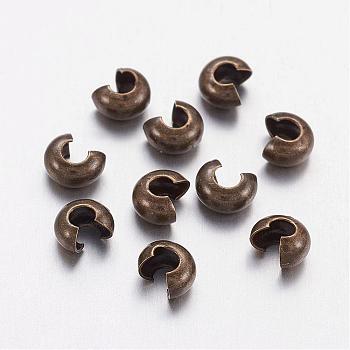 Brass Crimp Beads Covers, Nickel Free, Antique Bronze Color, Size: About 4mm In Diameter, Hole: 1.5~1.8mm