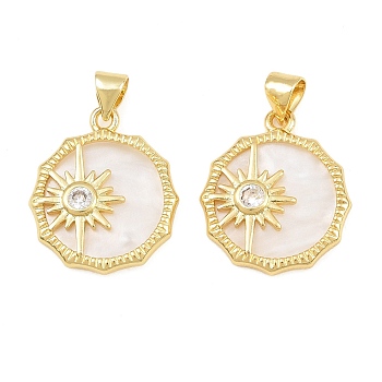 Brass Micro Pave Clear Cubic Zirconia with White Shell Pendants, Flat Round with Sun Charms, Real 16K Gold Plated, 20.5x18x3mm, Hole: 5x3mm