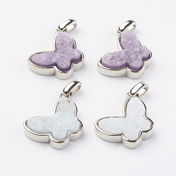 Electroplated Natural Druzy Quartz Pendants, with Brass Findings, Butterfly, Platinum, Mixed Color, 14.5x18x4~5mm, Hole: 2x3mm