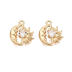 Brass Micro Pave Clear Cubic Zirconia Charms, Moon with Sun Charms, Real 18K Gold Plated, 14.5x13x4mm, Hole: 1.4mm(KK-N288-06G)